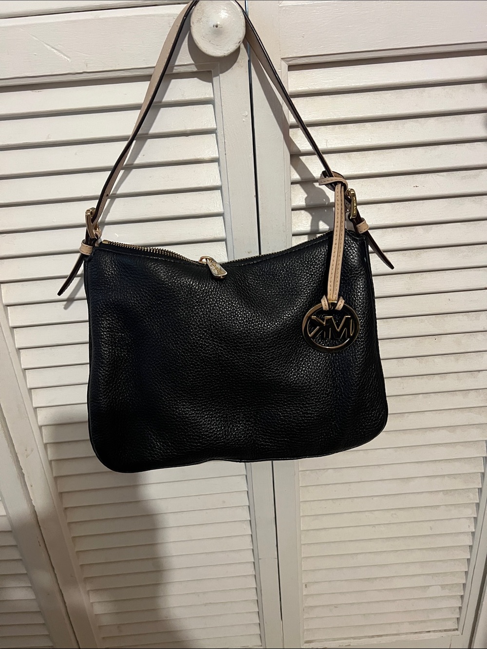 Michael Kors Black Pebbled Leather Shoulder Bag with Beige Strap
